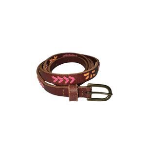 J. Crew Brown Leather Stitched Skinny Women's Belt - Brass Buckle - Size Small